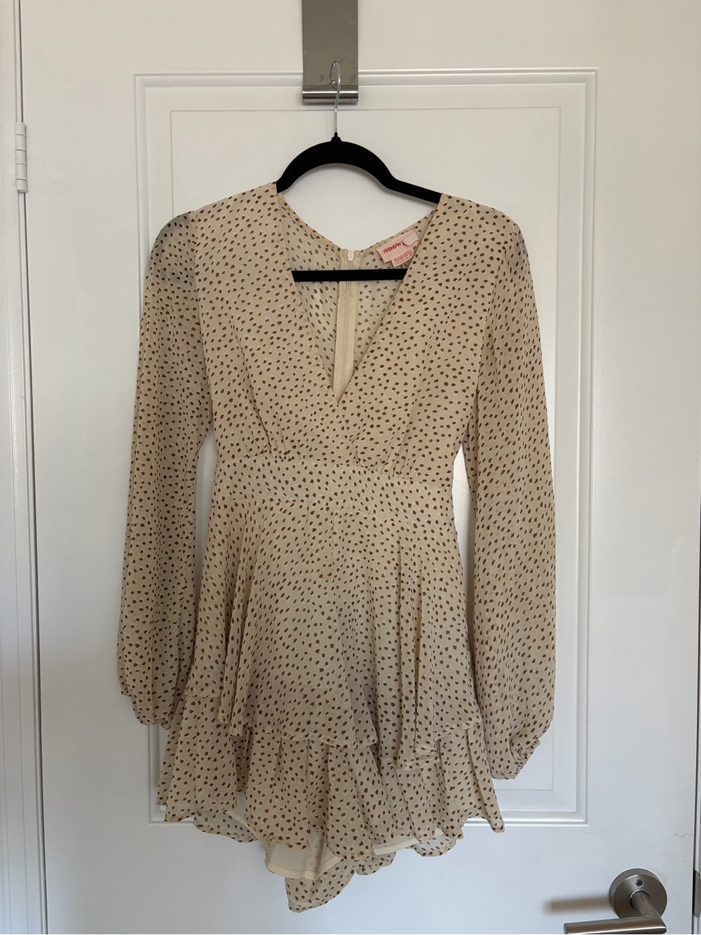 Showpo Beige Mini Dress with Black Dot Print